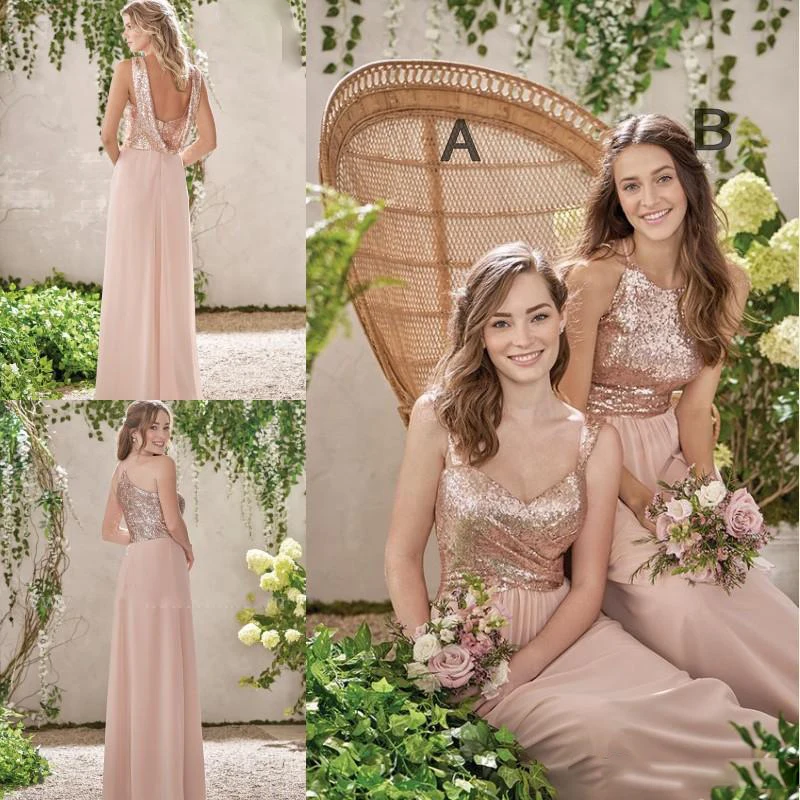

2017 Rose Gold Long Bridesmaid Gowns A Line Spaghetti Backless Sequins Chiffon Cheap Wedding Guest Dress Maid of Honor Gowns