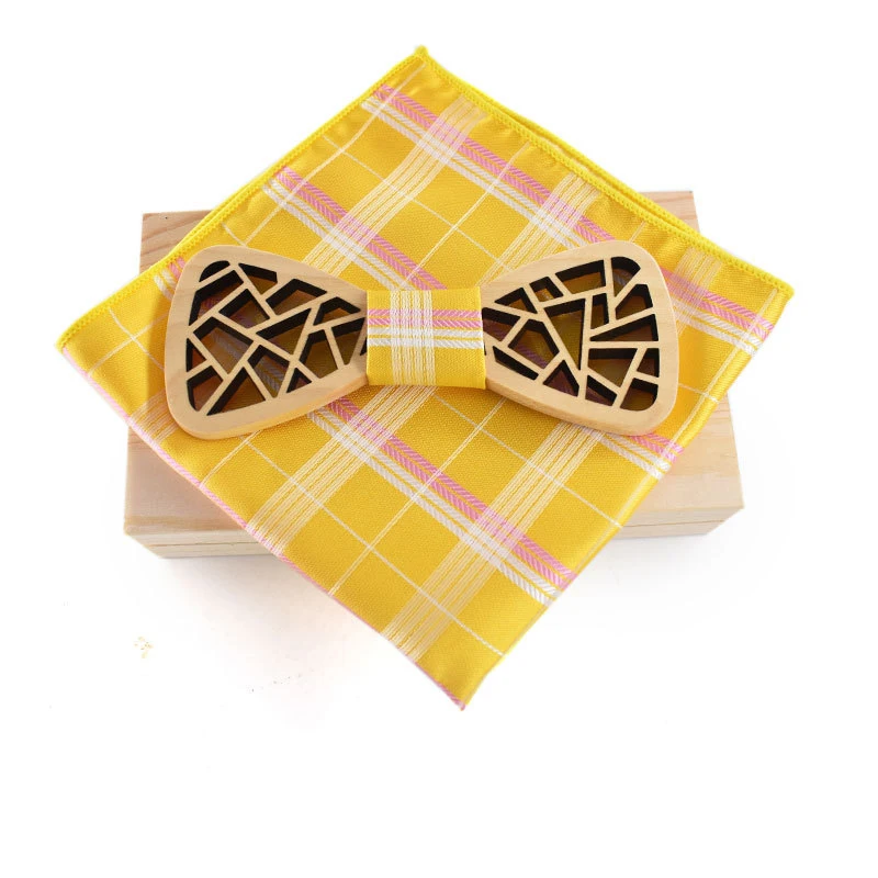  Solid Color Wood Bowtie for Mens Wooden Bow Ties Plaid Handkerchief Bowknots Formal Casual Business