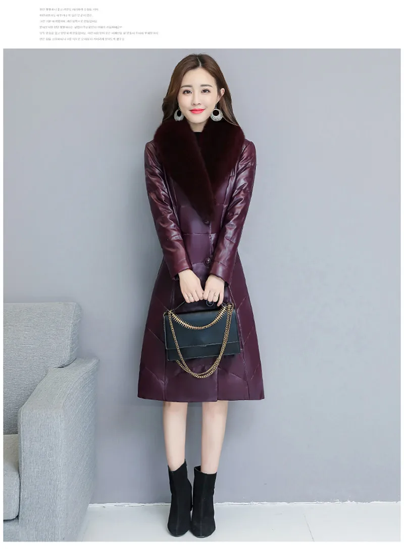 New Fashion Autumn Winter Women Leather Jacket Slim Parka Overcoat Female Faux Fur Collar Plus Size Long Fur Coats A1362