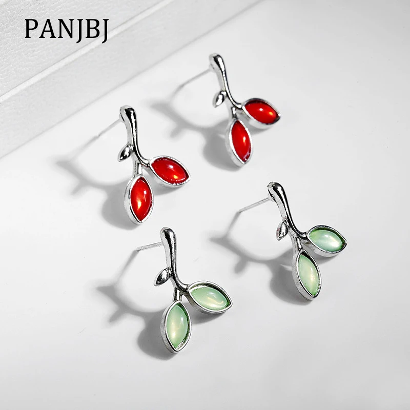 

New Trendy Korean Style Stud Earrings Green Red Color Opal Leaf Spring Nature Girls Earrings For Women Gifts Fashion Jewelry