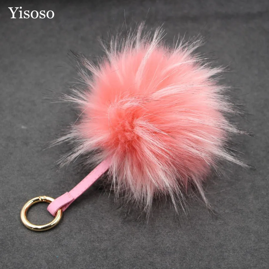 Yisoso 15cm Fluffy Raccoon Fur Ball Keychain Fox Fur Pompom Key Chain Pompon Keyring Charm Women