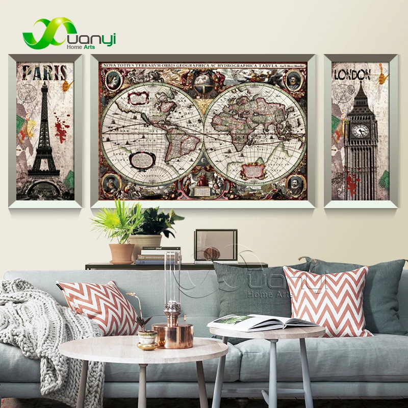 3 Panel Europe Map Painting Wall Art Canvas Prints Modular Wall Picture