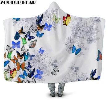 

Colorful Butterflies 3D Printed Plush Hooded Blanket for Adults Children Warm Wearable Fleece Throw Blanket Home Office Washable