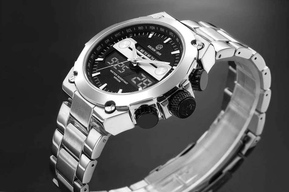 GOLDENHOUR Orologio da polso digitale analogico al quarzo sportivo da uomo in acciaio inossidabile militare con data, display a LED impermeabile da uomo_voghion.com
