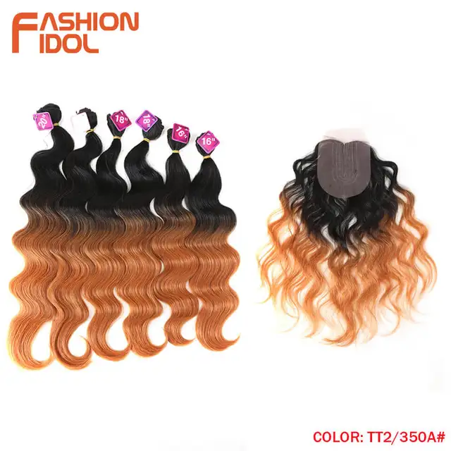 FASHION IDOL Body Wave Synthetic Hair Bundles With Closure 16-20 Inch 7 Pcs/lot Ombre Blonde Weaving Hair Extension For Women TT2-350A