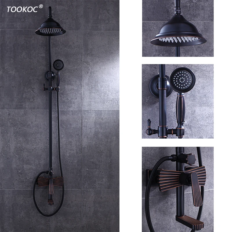 

TOOKOC Black Bathroom Shower Fan-shaped handle Shower Mixer Faucet Rotate lifting Cold and Hot Water Tub Spout Head Handshower
