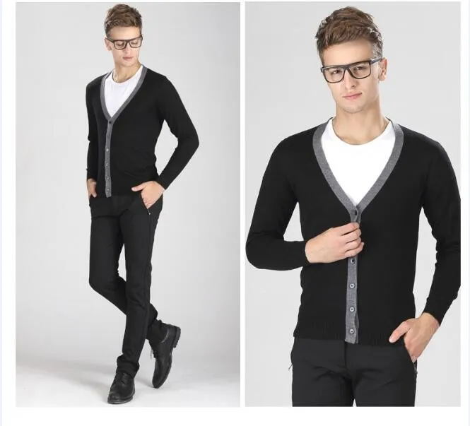 Новейшая мода, стиль сплошной цвет v-образным вырезом мужские Длинные рукава вязаный свитер кардиган