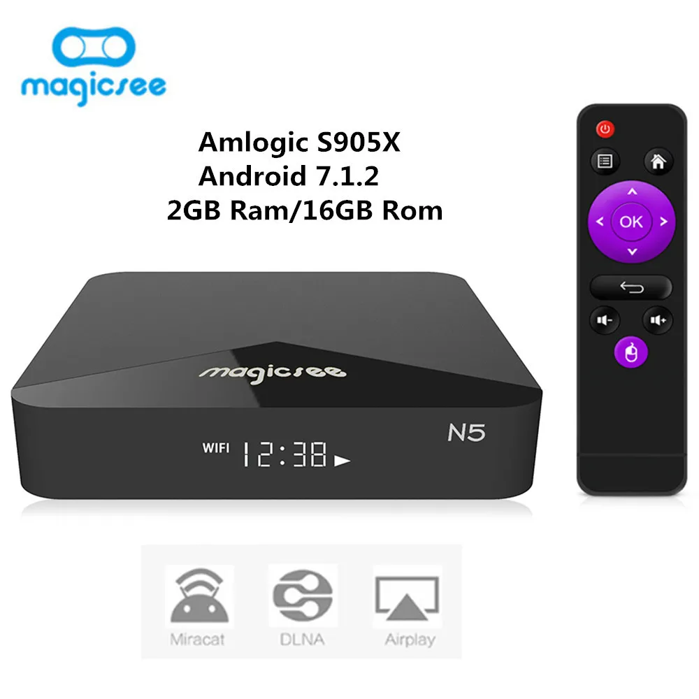 MAGICSEE N5 Android ТВ коробка OS Amlogic S905X Box 7.1.2 2 ГБ Оперативная память 16 Встроенная 4 г + 5 Wi Fi