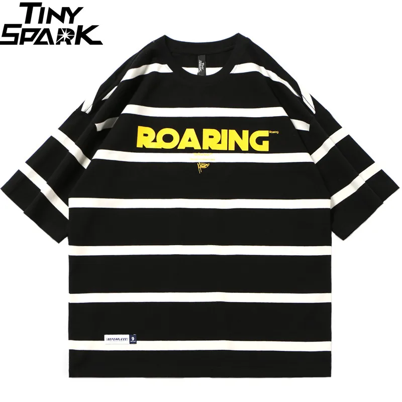 

2019 Harajuku Stripe T Shirts Men Hip Hop Streetwear Tshirt Roaring Print Fashion Summer Short Sleeve T-Shirt Cotton Black White