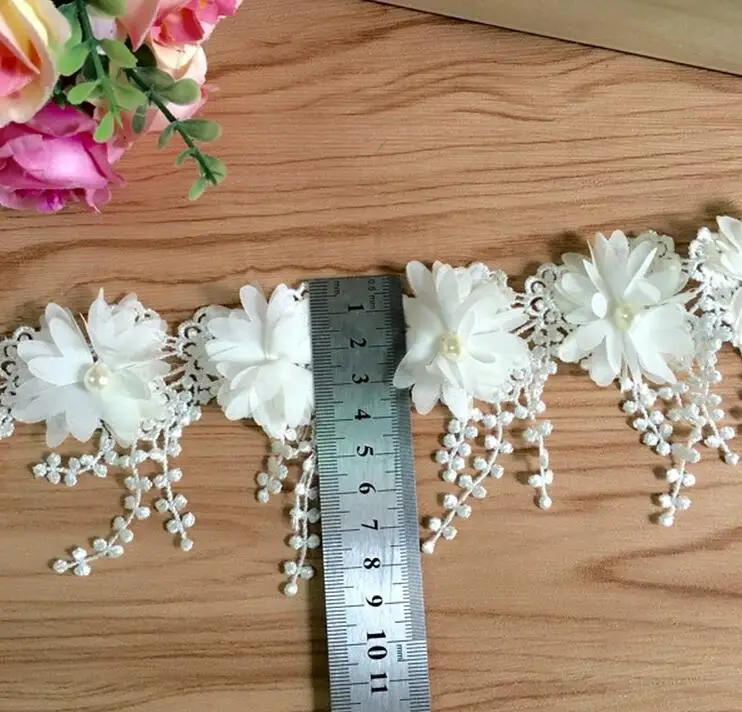 Lace Fabric Chiffon Fabric Chiffon Lace Fabric Lace Decoration Lace Accessories 1 Yard/Lot 8.5cm Off White 3D Chiffon Rose Lace Fabric Flower with Pearl Wedding Deco Fringe Lace Trim DIY Craft