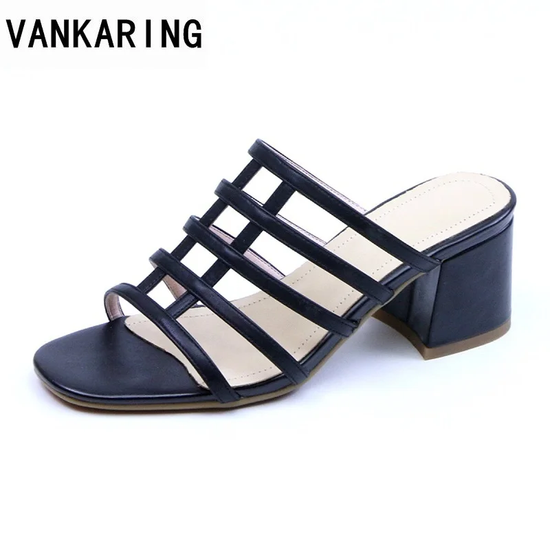 

VANKARING new 2018 summer gladiator high heels women sandals open toe strange style footwear genuine leather dress date shoes