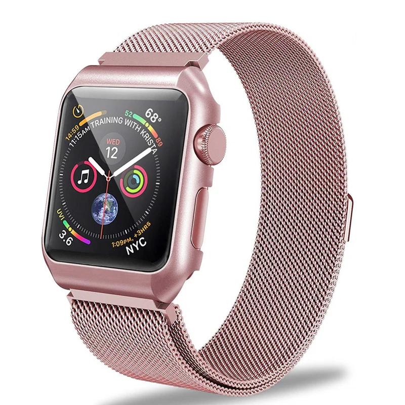 ASHEI для Apple Watch Series 4 Milanese Loop Band с металлическим защитным корпусом браслет на запястье для iWatch 40 мм 44 мм 38 мм 42 мм ремешок - Цвет ремешка: pink gold