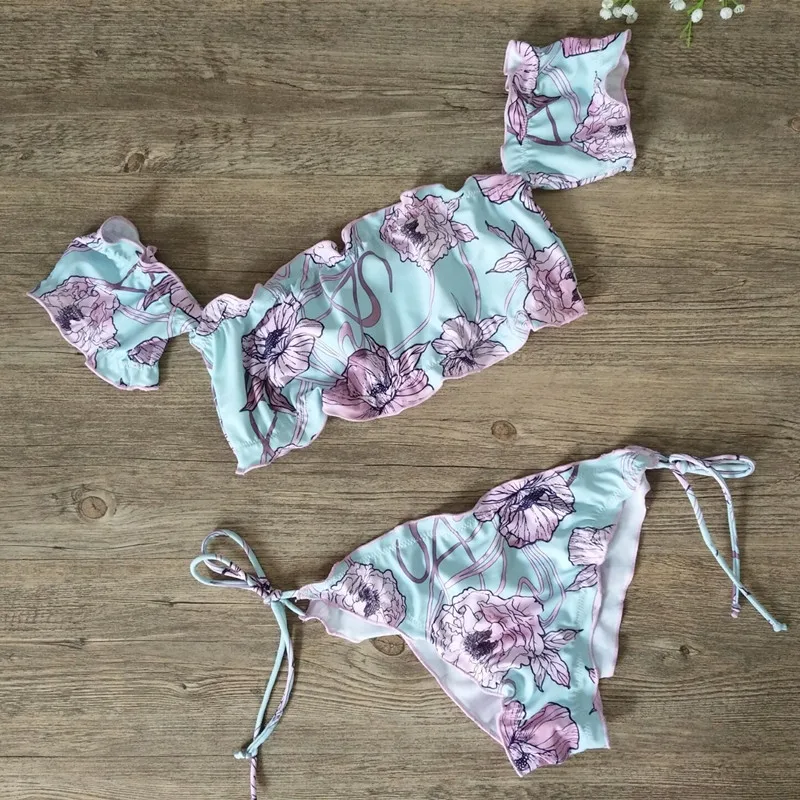 

2018 Female Bikini Set Floral Swimsuit Thong Strappy Bottom Swimwear Spain Swimmer Women Bathing Suit Off Shoulder Bathers