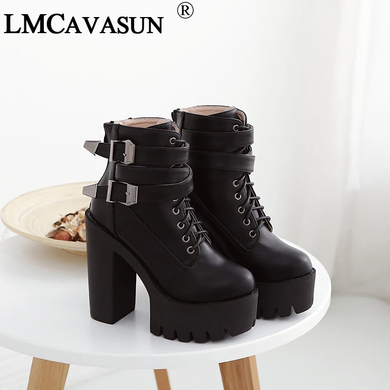 

LMCAVASUN 2019 Autumn Fashion Women Boots High Heels Platform Buckle Up Leather Short Booties Black Ladies Shoes Good Quality