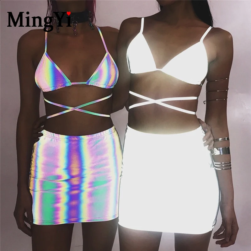 

Personality Reflective Fluorescence Bikini Set 2019 Women Laser Holographic Short Dress Beach Sexy Night Club Plus Size Summer
