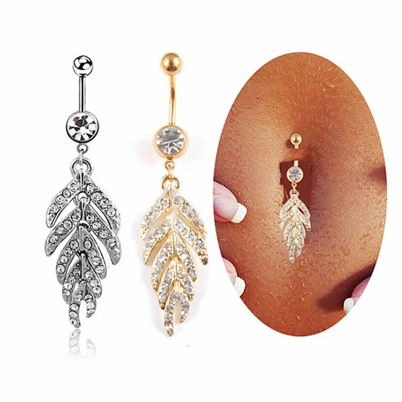 

1Pc Silver Gold Sexy Leaf Feather Crystal Dangle Navel Belly Bar Button Rings Metal Navel Piercings for Women Body Jewelry Gift