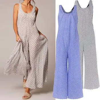 

Celmia Women Striped Jumpsuits 2020 Summer Sleeveless Long Rompers Loose Casual Wide Leg Pants Baggy Vintage Overalls Plus Size