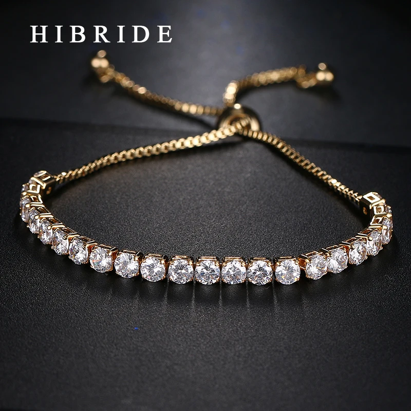 HIBRIDE JEWELRY Brand New Design AAA Cubic Zircon Tennis Bracelets,Gold-Color Adjustable Chain Women Bangles, B-002
