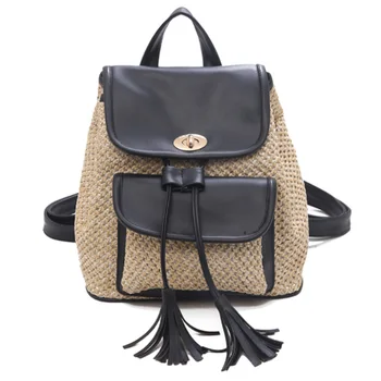

FGGS-New Wave Summer Straw Versatile Fashion Tassel Student Backpack Travel Bag