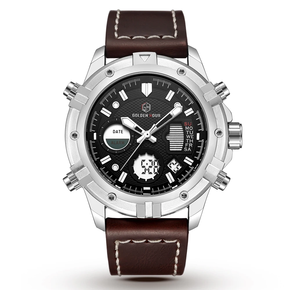Goldenhour Mens Watches Top Brand Luxury Quartz Analog Digital Watch Men Leather Military Sport Wri-2