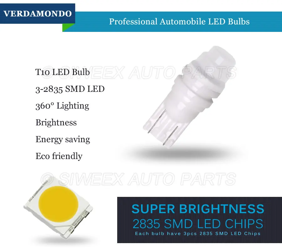 1 шт. T10 Светодиодные керамические W5W 3 SMD 2835 боковые габаритные лампы авто