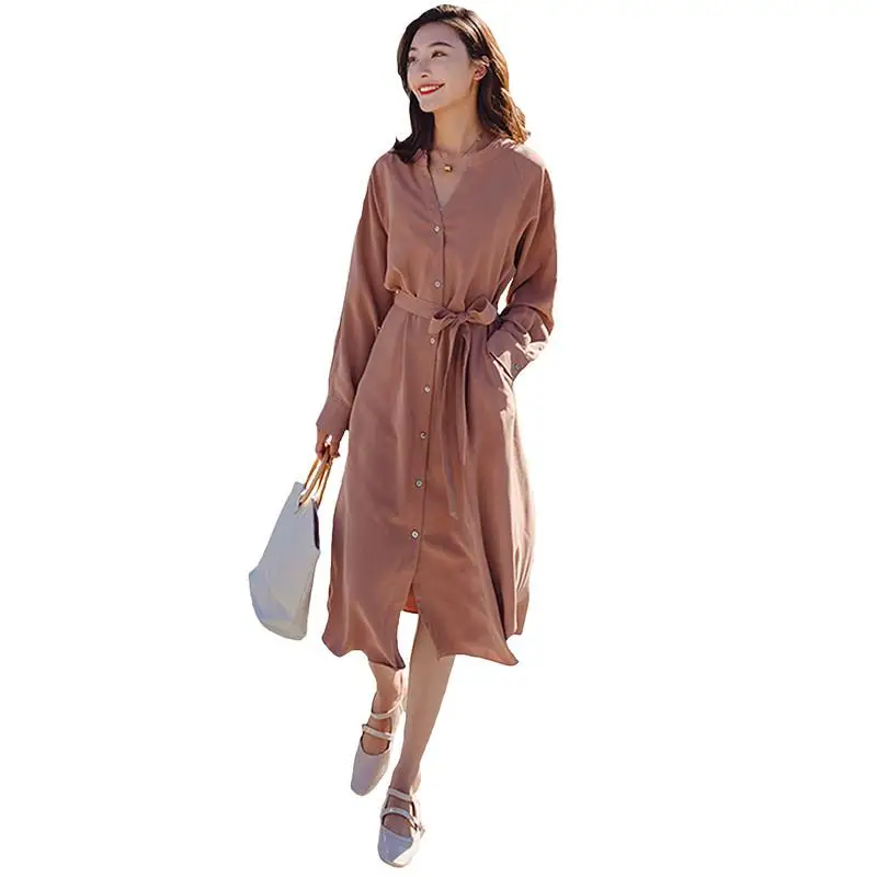 

2019 Simple Elegant Chiffon Dresses Spring Autumn Solid Single Breasted Shirt Dress Women Long Sleeve Belt Dress Vestidos D204