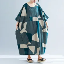 Johnature летние полосатые платья размера плюс длинные женские платья Новые повседневные свободные платья с коротким рукавом и круглым вырезом из хлопка и льна