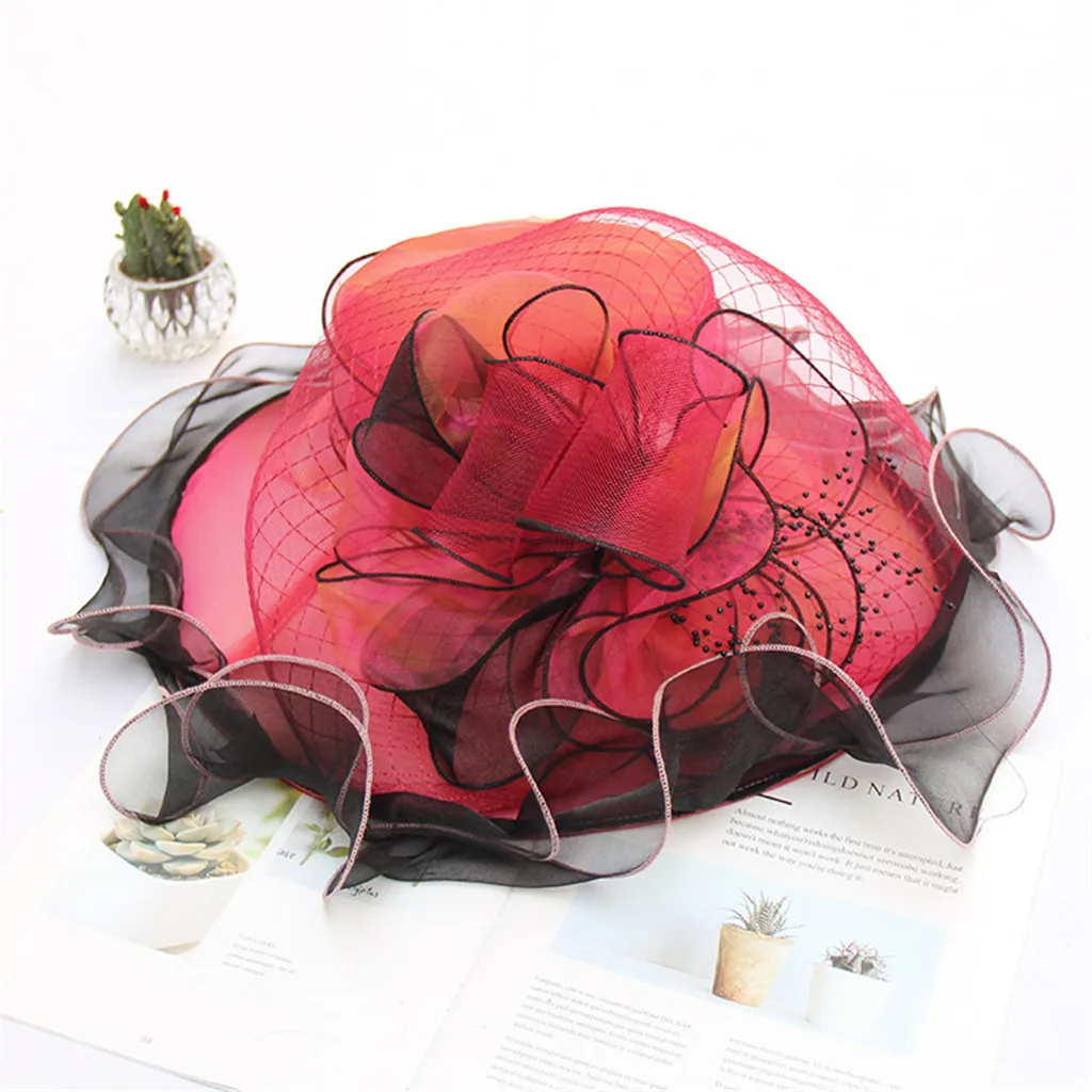 

Autumn Summer Felt Fedoras Sun Hat Women Vintage Wide Organza Church Derby Hat Ruffles Wide Brim Summer Bridal Cap 4.30