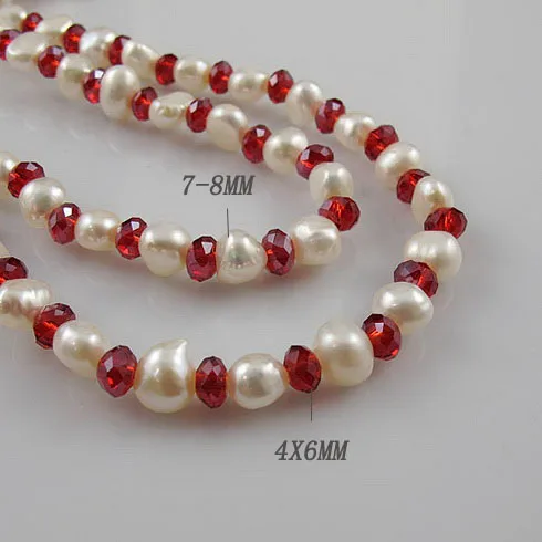 

Unique Pearls jewellery Store 120cm Long Pearl Jewelry 4mm Red Crystal Beads 7-8mm Baroque White Color Freshwater Pearl Necklace