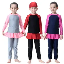 Летний комплект одежды из 3 предметов для маленьких девочек купальный костюм с длинными рукавами, круглым вырезом и оборками + штаны