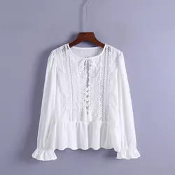2018 Осенняя Повседневная однотонная кофта женский фонарь рубашка с рукавами вышитый тюль шить