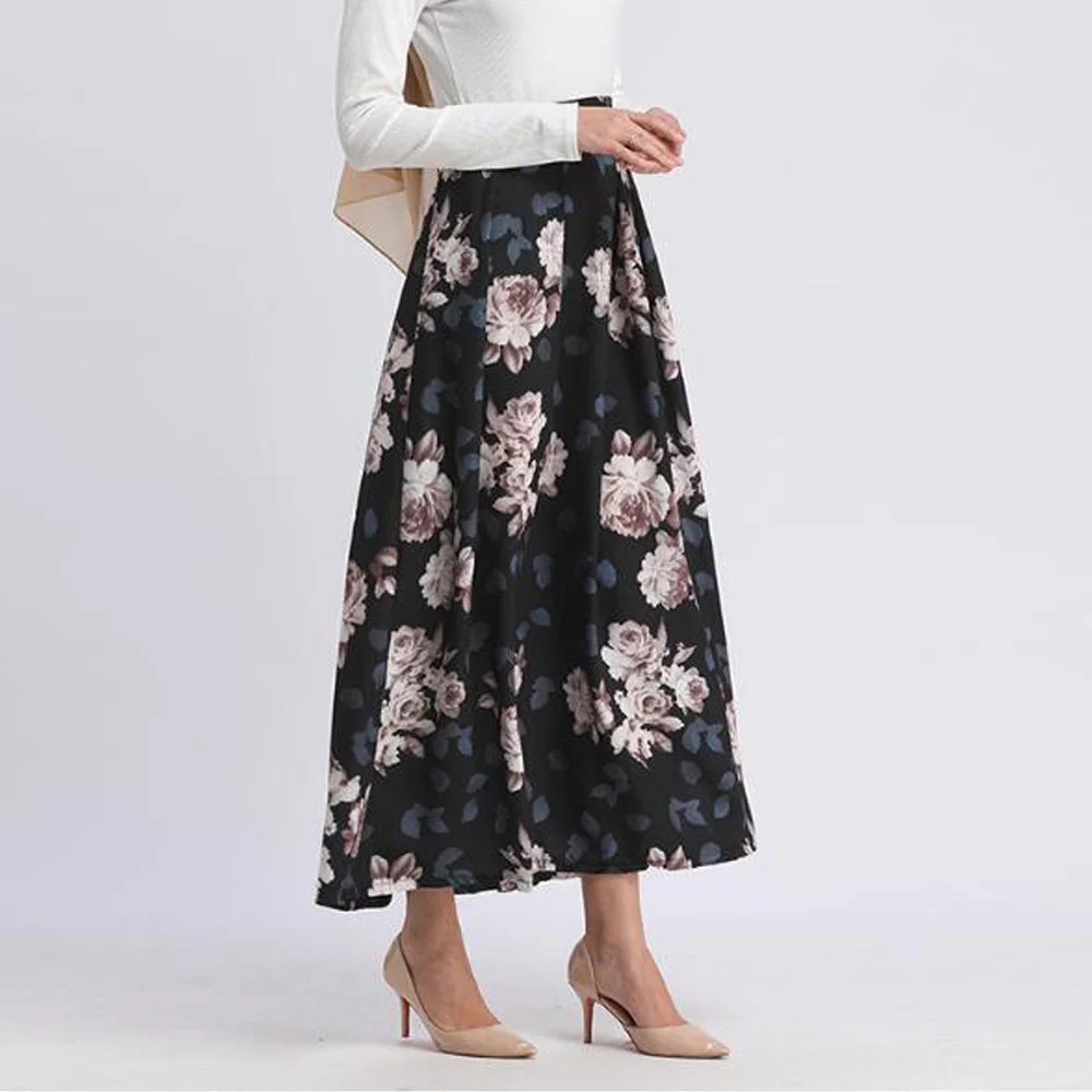 

Long Muslim Skirts Womens High Waist Ankle Length Vintage Floral Print Arabic Dubai Turkish Skirts Long Maxi Islamic Skirts