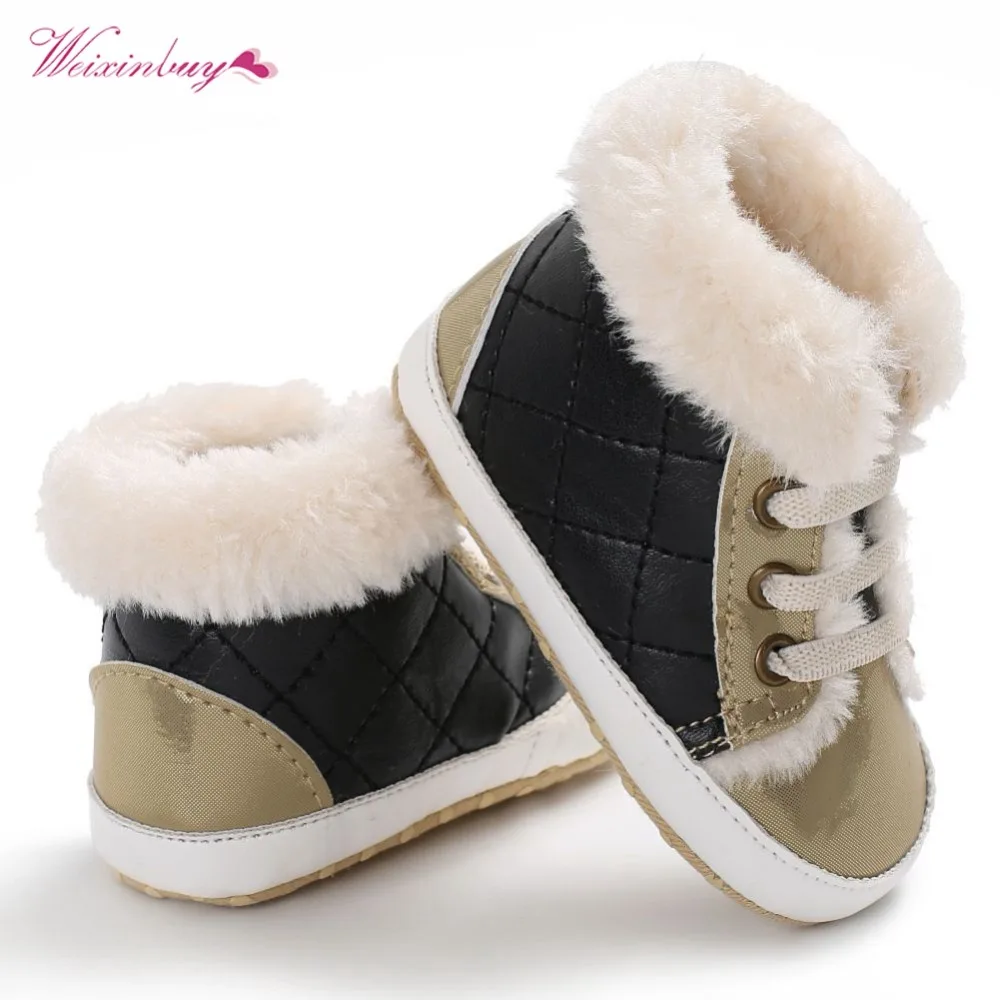 WEIXINBUY Newborn Baby Girls Snow Boots Shoes Warm Plush Soft Bottom Baby Leather Winter Kids For Baby 0-18M