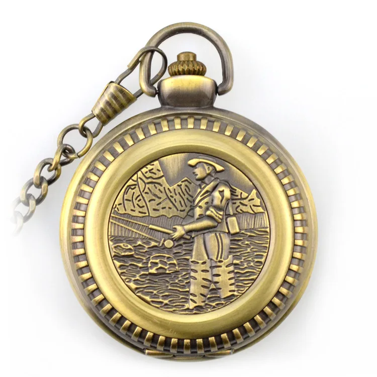 

Vintage Bronze Fishing Angling Quartz Antique Quartz Pocket Watch Necklace With Chain Gift for Men and Women