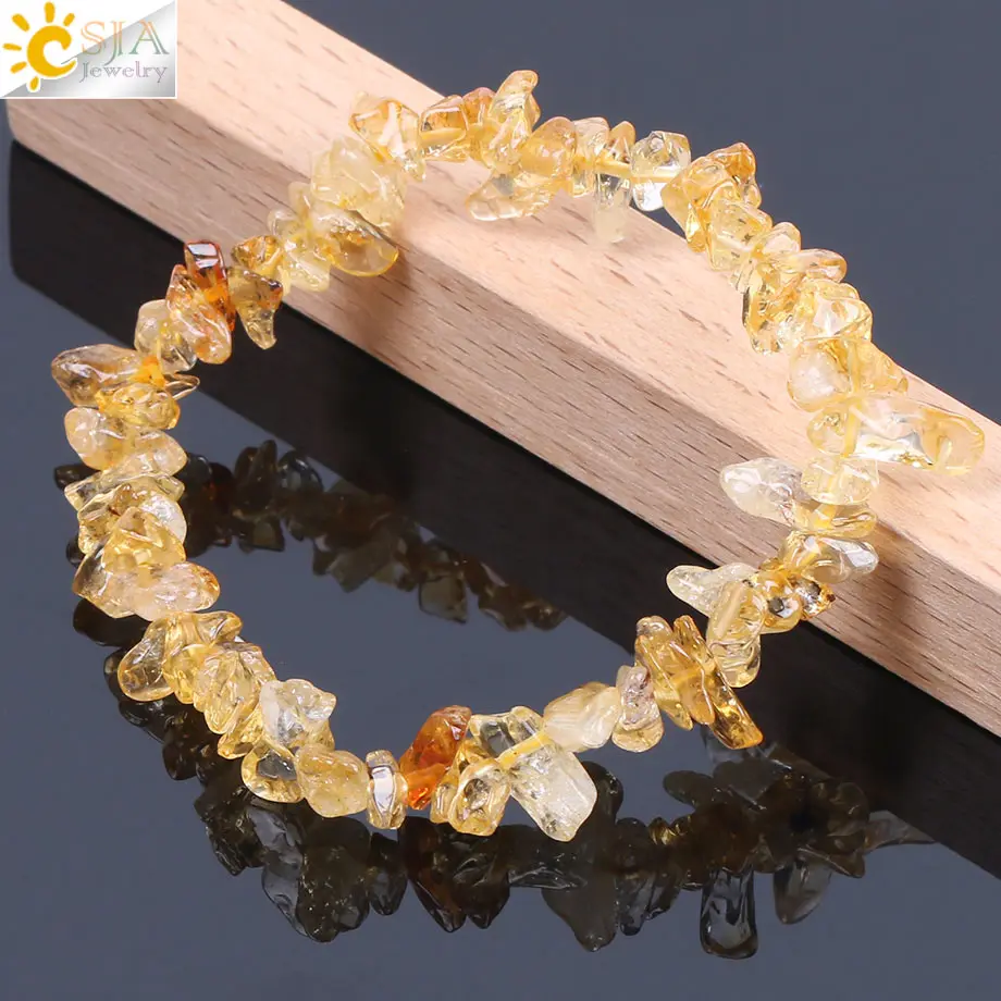 CSJA Natural Yellow Crystal Stones Beads Bracelet Irregular Gravel Quartz Bangles Healing Charm for Women Men Jewelry F157