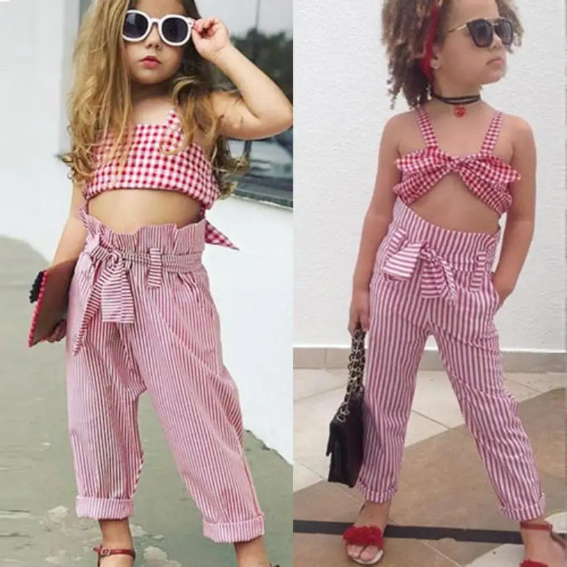 

Popular Toddler Kids Baby Girls Sleeveless Plaid Tops+ Striped Pants Outfit Set Beautiful Children's Clothing Girl Kids Costumes