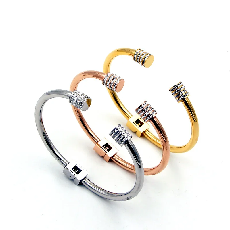 Fashion Stainless Steel Better Double Crystal Cylinder Cuff Spring