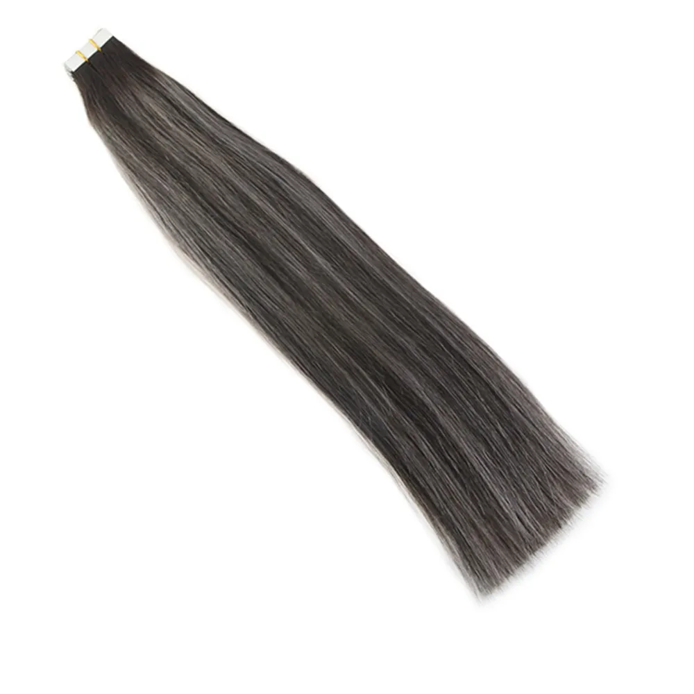 Moresoo Tape in Remy Human Hair Extensions Seamless Skin Weft Adhesive Hair Glue on Extensions Natural Black Fading to Silver