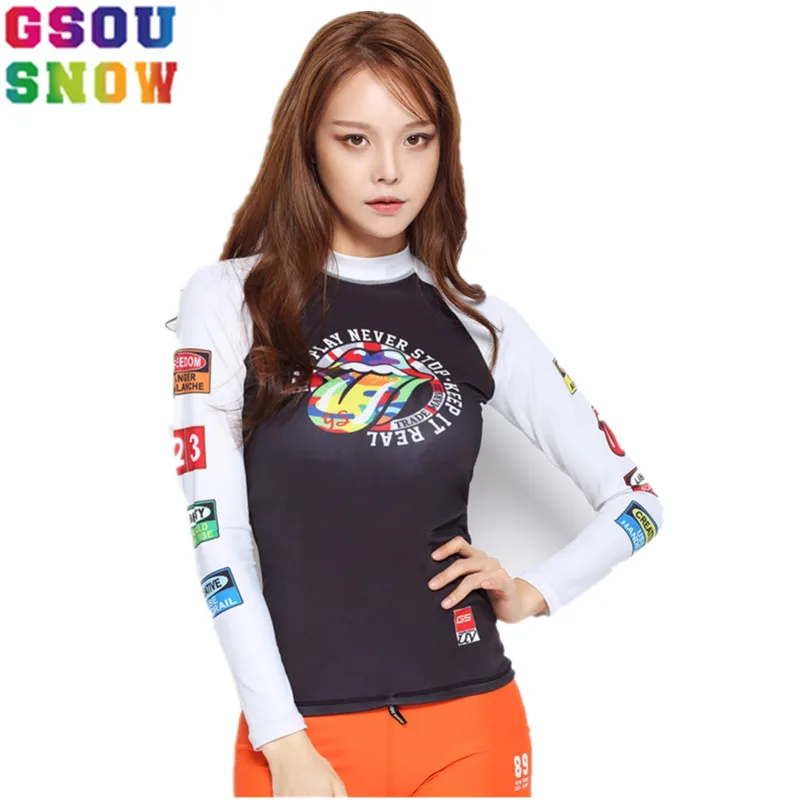

GSOU SNOW Brand Swim Beach Surf Shirts Women Summer Rash Guard Bathing Suit Swimwear Female Quick Dry Long Sleeve Swimsuit Tops
