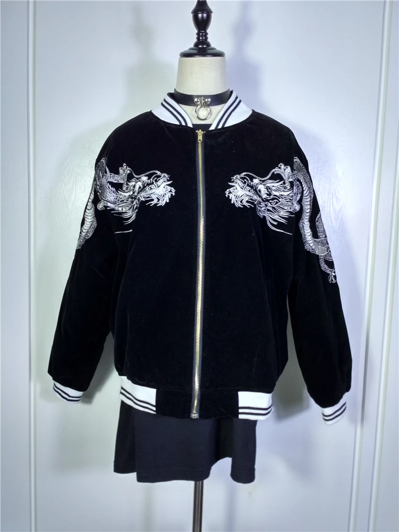 

Japanese Harajuku YOKOSUKA Feel Dragon Embroidery Cool Jacket Long Sleeve Baseball womens&mens Casual Outwear Coat High Quality