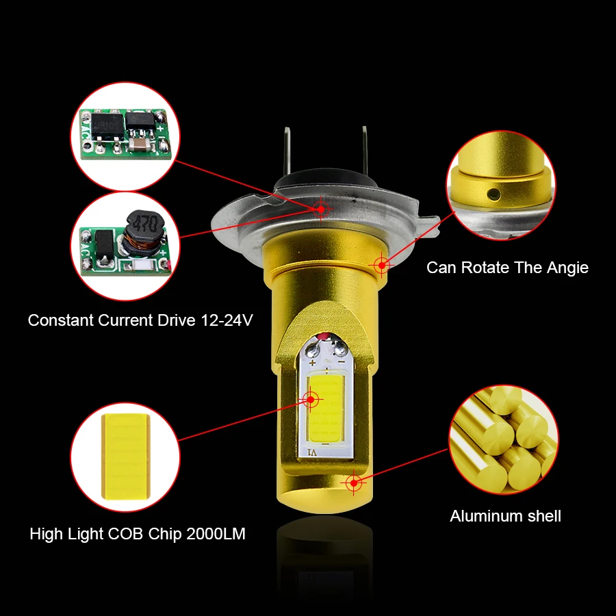 Gfoloza 2 шт. H7 светодиодный ламп белого и желтого цвета Цвет Автомобильные противотуманные фары высокой Мощность COB осветительный противотуманный DRL 2000LM 12 V-24 V 6000K 3000K
