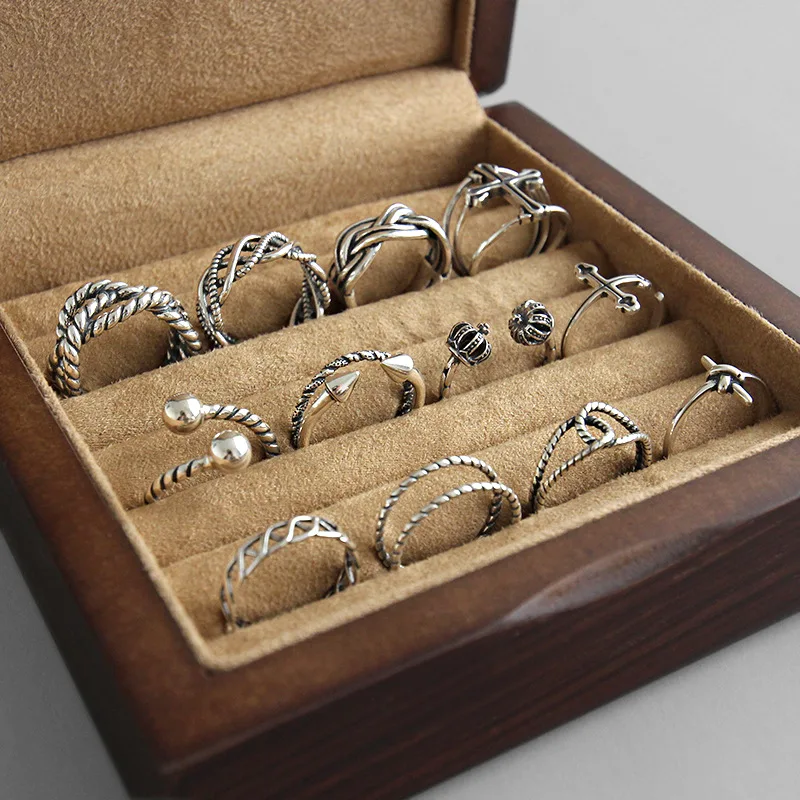 

S925 Sterling Silver chain hemp cross Crown Ring vintage wind do old for woman open resizable simple finger rings