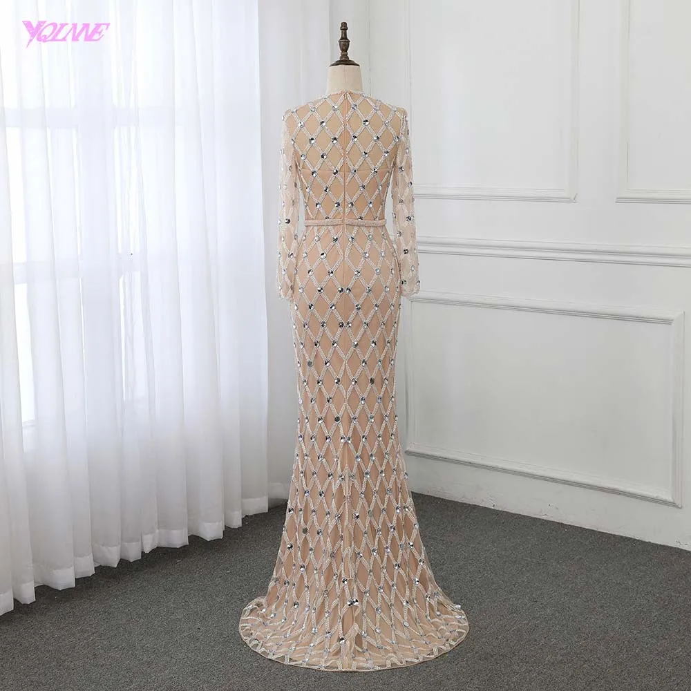 Luxury Crystals Mermaid Evening Dress Long Sleeve Robe De Soiree Evening Gown Formal Dresses