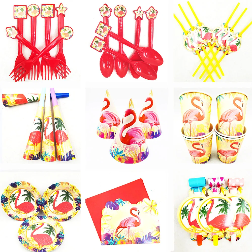 

Flamingos Party Tableware Disposable Cups Plate napkins Strwas knives forks spoons Birthday Party Decoration Kids Party Supplies