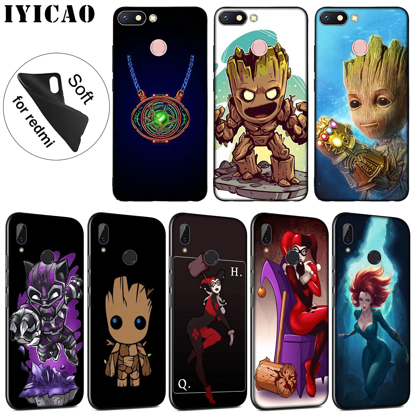 

IYICAO Anime MARVEL The Avengers Soft Silicone Phone Case for Xiaomi Redmi 6A 5A Note 7 4 4X 5 Plus 6 Pro Black TPU Cover