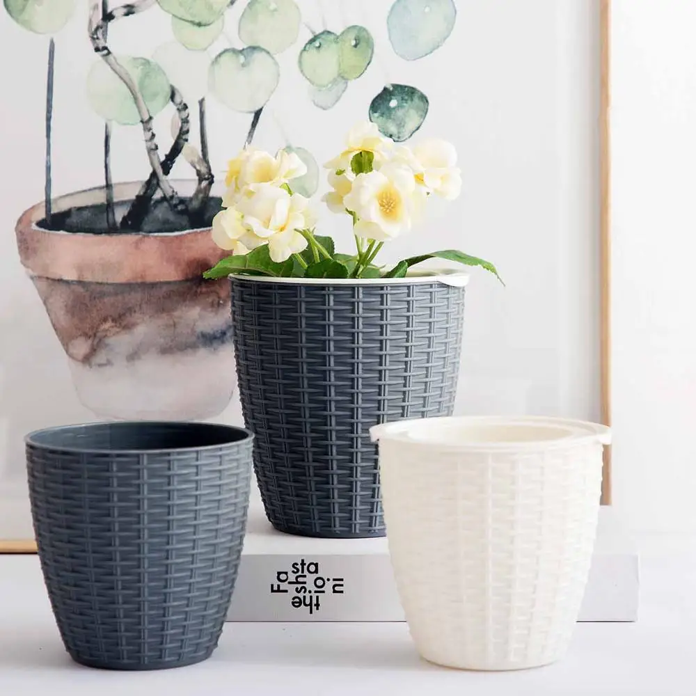 

OTHERHOUSE Automatic Watering Flower Pot Planter Imitation Rattan Plant Pot Garden Pots Plant Holder Desk Office Decoration