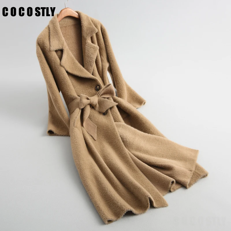 

Winter coat women long warm knitted coat cashmere coat waist belt sleeve long coat manteau femme hiver