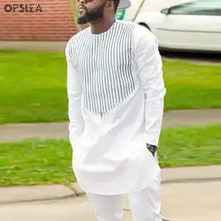 Opslea/африканская мужская белая футболка с длинными рукавами и принтом в полоску, рубашка с круглым воротником Dashiki 2019, осенняя Новая