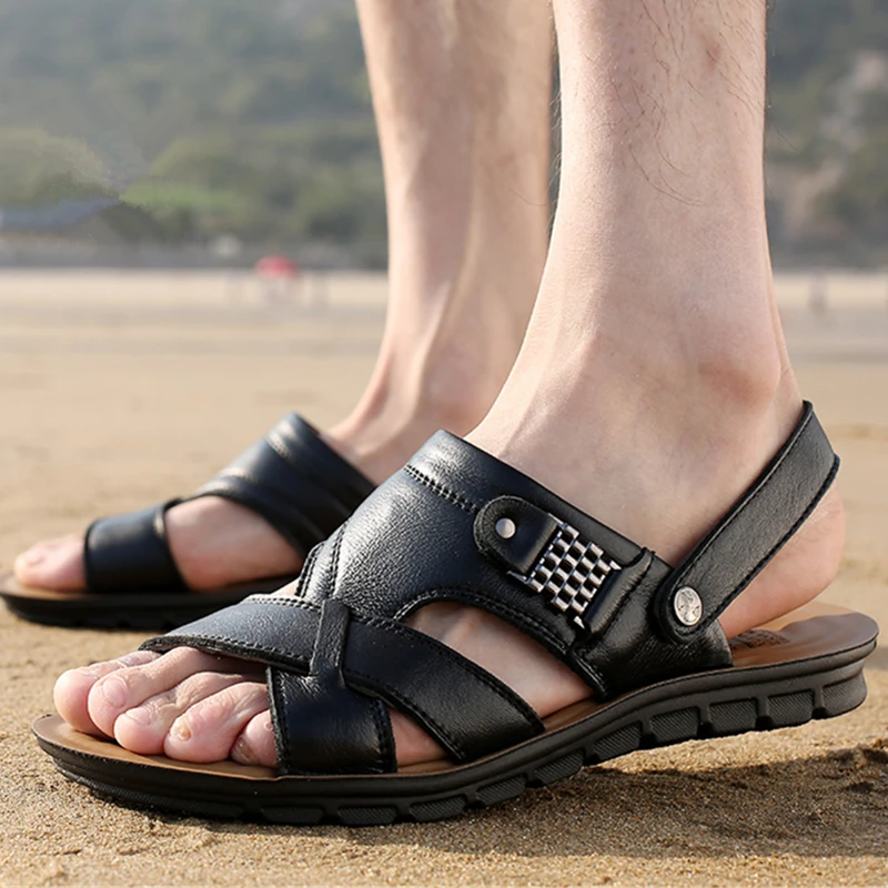Men's Summer Sandals Brand Leather Beach Sandals For Male Adult Slip-on Men Casual Shoes Black Big Size 38-46 082m Men's Summer Sandals Brand Leather Beach Sandals For Male Adult Slip-on Men Casual Shoes Black Big Size 38-46 082m