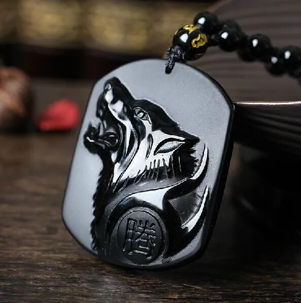 

Drop Shipping Black Obsidian Carving Wolf Head Obdidian Amulet pendant free necklace obsidian Blessing Lucky pendant Men Jewelry